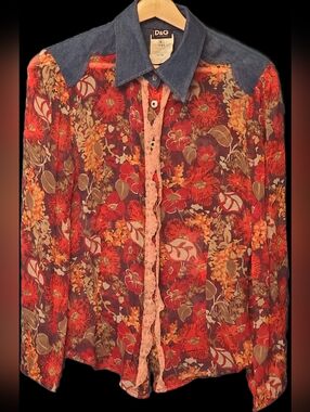 Dolce & Gabbana Red Floral 100% Silk Blouse with Denim Yoke
